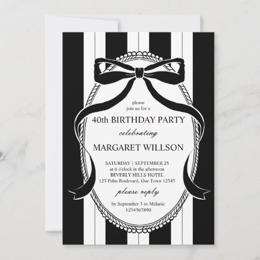 Black and white retro stripes bow birthday party kaart (Voorkant)