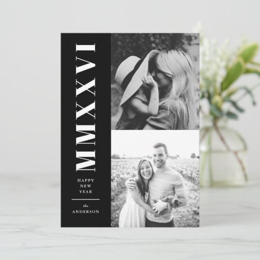 Black and White Roman Numerals Two Photo Feestdagenkaart (Staand voorkant)