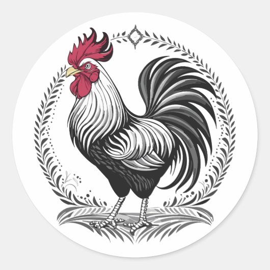 Black and white rooster ronde sticker (Voorkant)