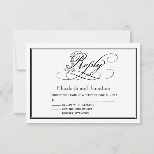 Black and White Royal Script Wedding Reply Kaart (Voorkant)