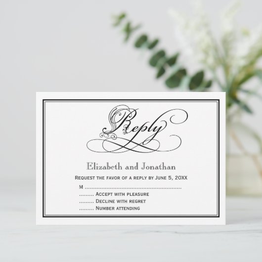 Black and White Royal Script Wedding Reply Kaart (Staand voorkant)