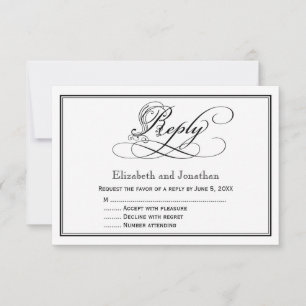 Black and White Royal Script Wedding Reply Kaart