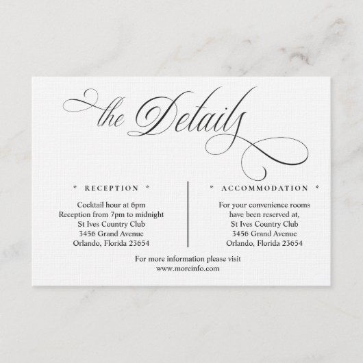 Black and White Script Details Enclosure Card Informatiekaartje (Voorkant)