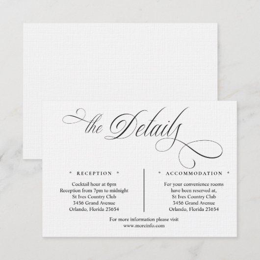 Black and White Script Details Enclosure Card Informatiekaartje (Voorkant / Achterkant)