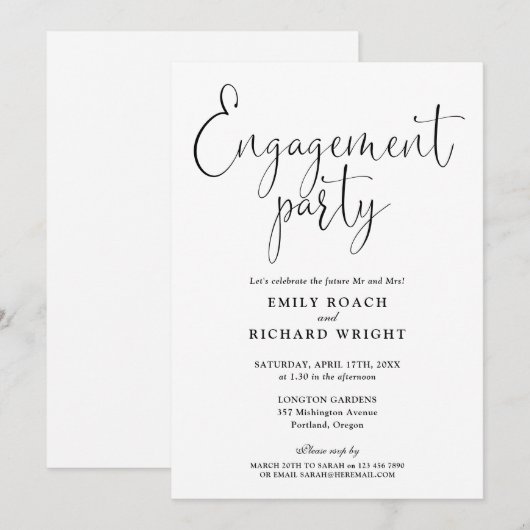 Black and White Script Engagement Party Kaart (Voorkant / Achterkant)