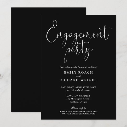 Black and White Script Engagement Party Kaart (Voorkant / Achterkant)