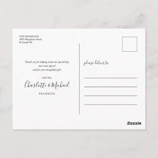 Black and White Script Photo Weddenschap Bedankt Briefkaart (Achterkant)