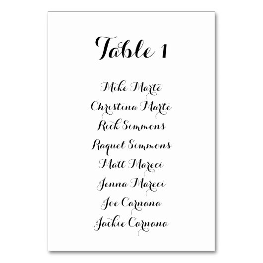 Black and White Script Table Seating Chart Card Kaart (Voorkant)