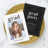 Black and White Serif Photo Graduparty Kaart