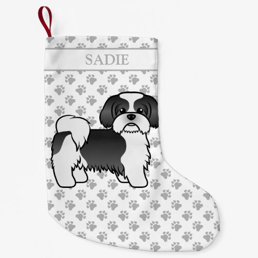 Black and White Shih Tzu Cartoon Dog & Name Kleine Kerstsok (Voorkant)