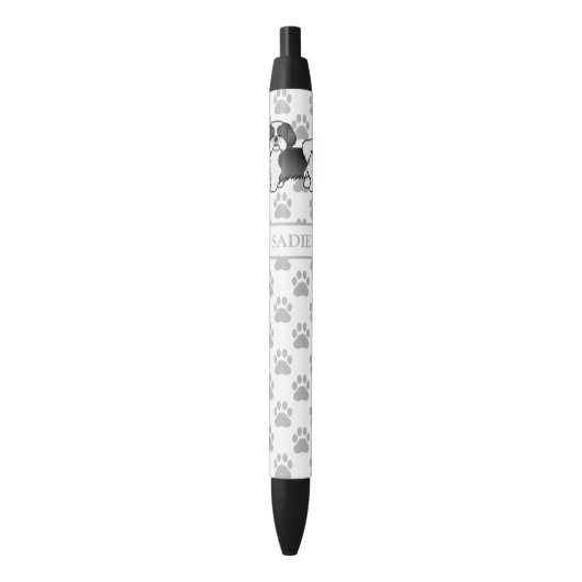 Black and White Shih Tzu Cartoon Dog & Name Zwarte Inkt Pen (Voorkant Verticaal)