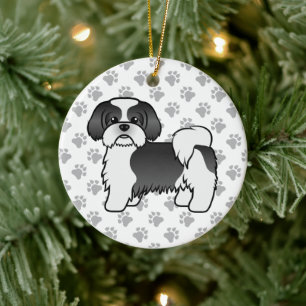 Black And White Shih Tzu Cute Cartoon Dog Keramisch Ornament