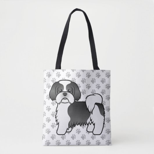 Black and White Shih Tzu Cute Cartoon Dog & Paws Tote Bag (Voorkant)