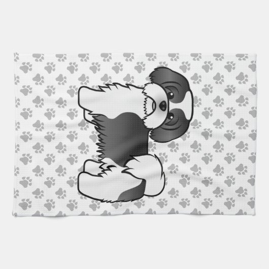 Black and White Shih Tzu Cute Cartoon Dog Theedoek (Horizontaal)