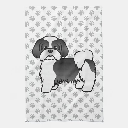 Black and White Shih Tzu Cute Cartoon Dog Theedoek (Verticaal)