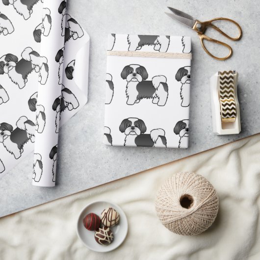 Black and White Shih Tzu Cute Dog Patroon Cadeaupapier (Crafts)