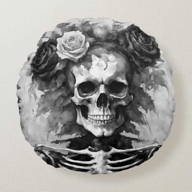 Black and White Skull with Roses Gothic Style Rond Kussen (Voorkant)