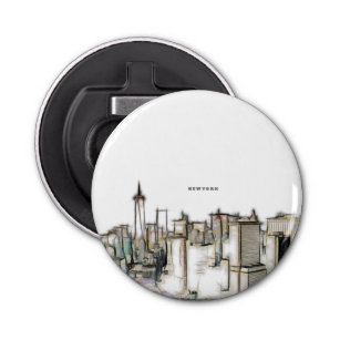 Black and White Skyline New york City Drawing Button Flesopener