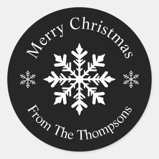 Black And White Snowflake Merry Christmas Modern Ronde Sticker (Voorkant)