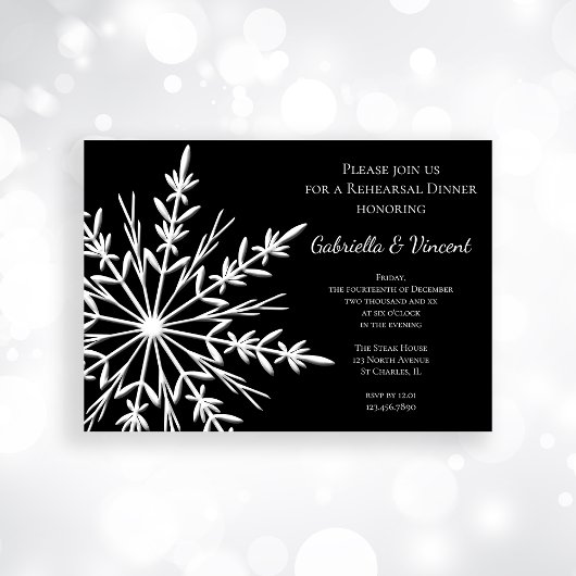 Black and White Snowflake Winter Rehearsal Dinner Kaart