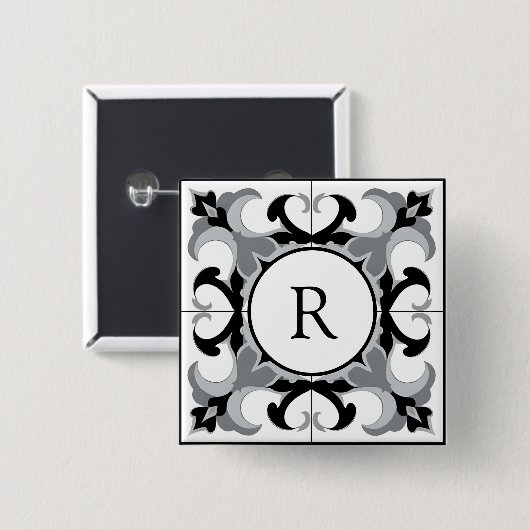 Black and White Spanish Style with Initial  Vierkante Button 5,1 Cm (Voorkant /achterkant)