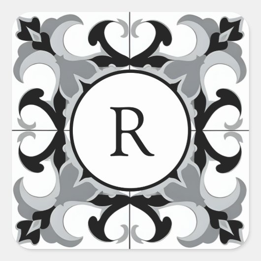Black and White Spanish Style with Initial Vierkante Sticker (Voorkant)