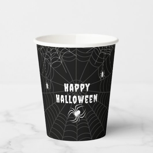 Black and White Spider Web Happy Halloween Papieren Bekers (Links)