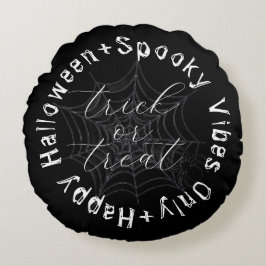 Black and White Spooky Spider Web Happy Halloween Rond Kussen
