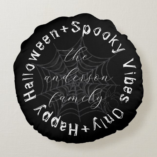 Black and White Spooky Spider Web Happy Halloween Rond Kussen (Achterkant)