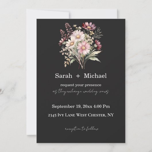 Black and White Spring Floral Wedding Invitation Kaart (Voorkant)
