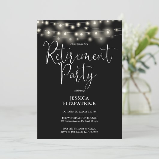 Black and White String Lights Pensioenfeest Kaart (Staand voorkant)