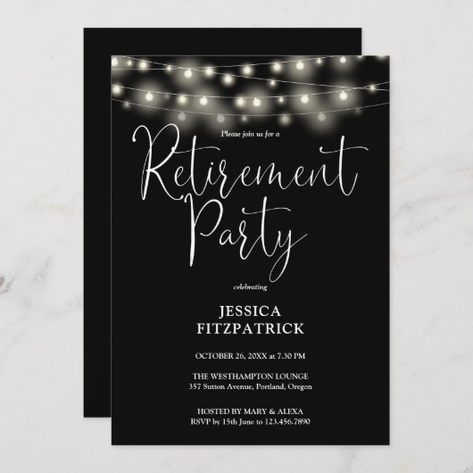 Black and White String Lights Pensioenfeest Kaart (Voorkant / Achterkant)