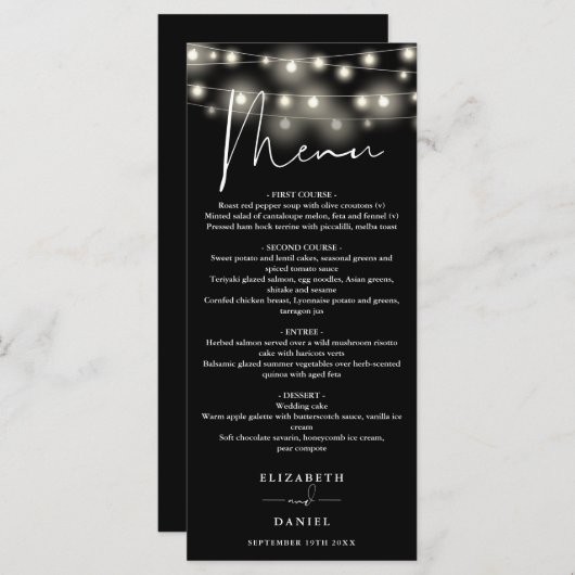 Black And White String Lights Wedding Dinner Menu (Voorkant / Achterkant)