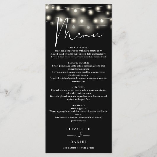 Black And White String Lights Wedding Dinner Menu (Voorkant)