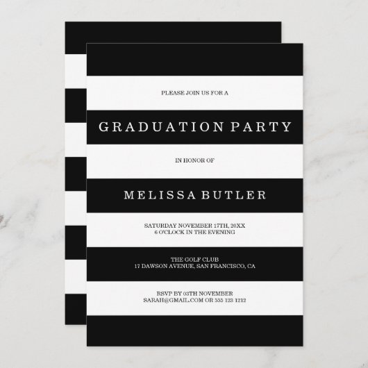 Black and White Stripe Afstuderen Invitation Kaart (Voorkant / Achterkant)