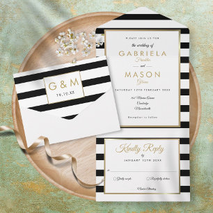 Black and White Stripe Modern Gold Wedding All In One Uitnodiging