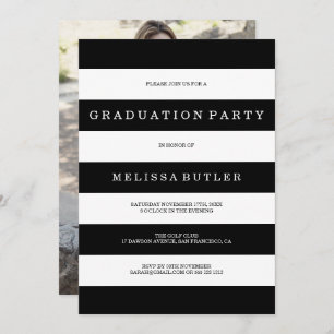 Black and White Stripe Photo Afstuderen Invitation Kaart