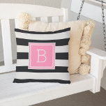 Black and White Stripe Pink Monogram Outdoor Buitenkussen<br><div class="desc">Add bold, modern style to your patio, deck or pool with our monogrammed outdoor throw pillow in chic black and white with a pop of girly pink. Design features wide black and white horizontal stripes on both sides, with your single initial monogram on the front in feminine, vibrant candy pink....</div>