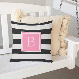 Black and White Stripe Pink Monogram Outdoor Buitenkussen