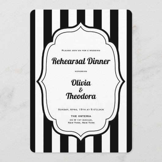 Black and White Stripe Rehearsal Dinner Invitation Kaart (Voorkant)