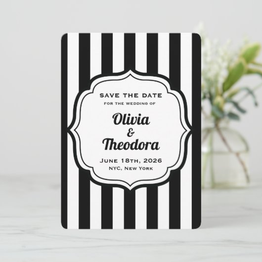 Black and White Stripe Save the Date Cards Kaart (Staand voorkant)