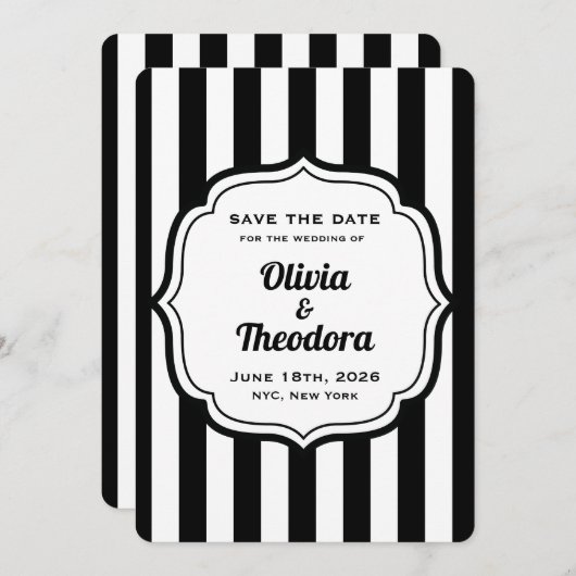 Black and White Stripe Save the Date Cards Kaart (Voorkant / Achterkant)
