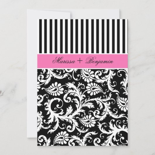 Black and White Striped Damask Wedding Invite Kaart (Voorkant)