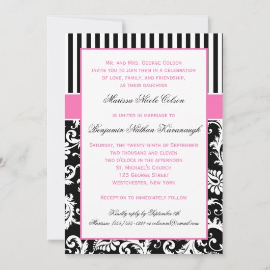 Black and White Striped Damask Wedding Invite Kaart (Achterkant)