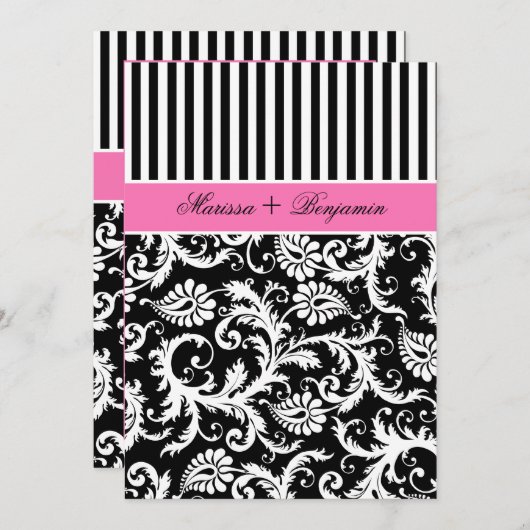 Black and White Striped Damask Wedding Invite Kaart (Voorkant / Achterkant)