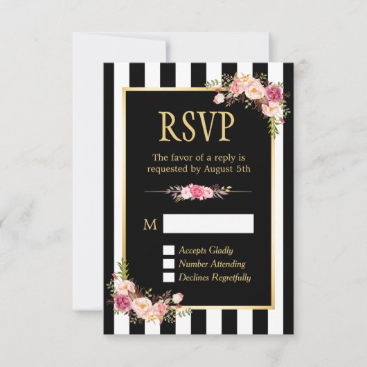 Black and White Striped Flowers Gold Lijst RSVP (Voorkant)