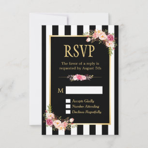 Black and White Striped Flowers Gold Lijst RSVP Kaartje
