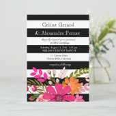 Black and White Striped Flowers Wedding fuchsia Kaart (Staand voorkant)