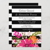 Black and White Striped Flowers Wedding fuchsia Kaart (Voorkant / Achterkant)