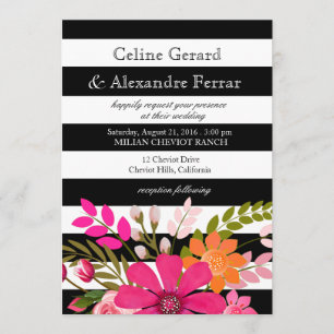 Black and White Striped Flowers Wedding fuchsia Kaart